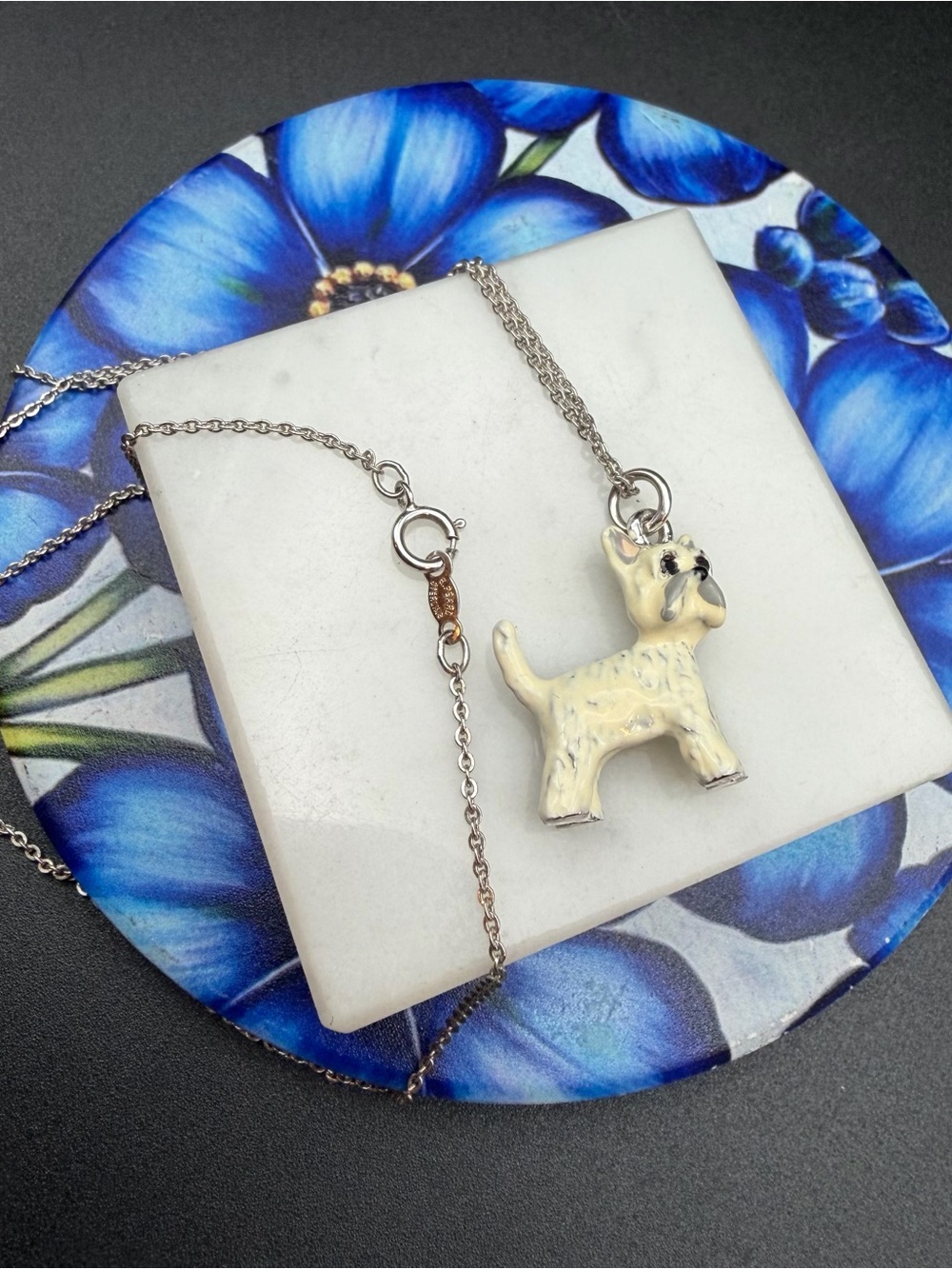 Vintage Erwin Pearl Sterling & Enamel Dog Necklace #832 Westie Terrier